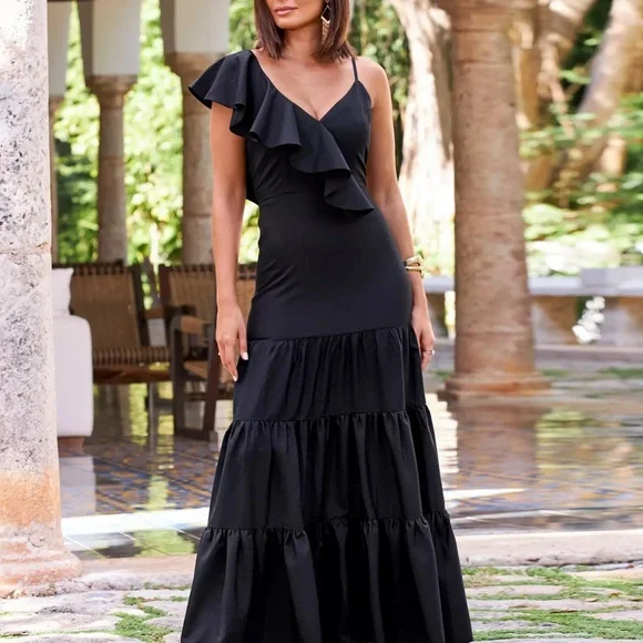 Boston Proper Asymmetrical Ruffle Tiered Maxi Dress Size 10 - Picture 4 of 4